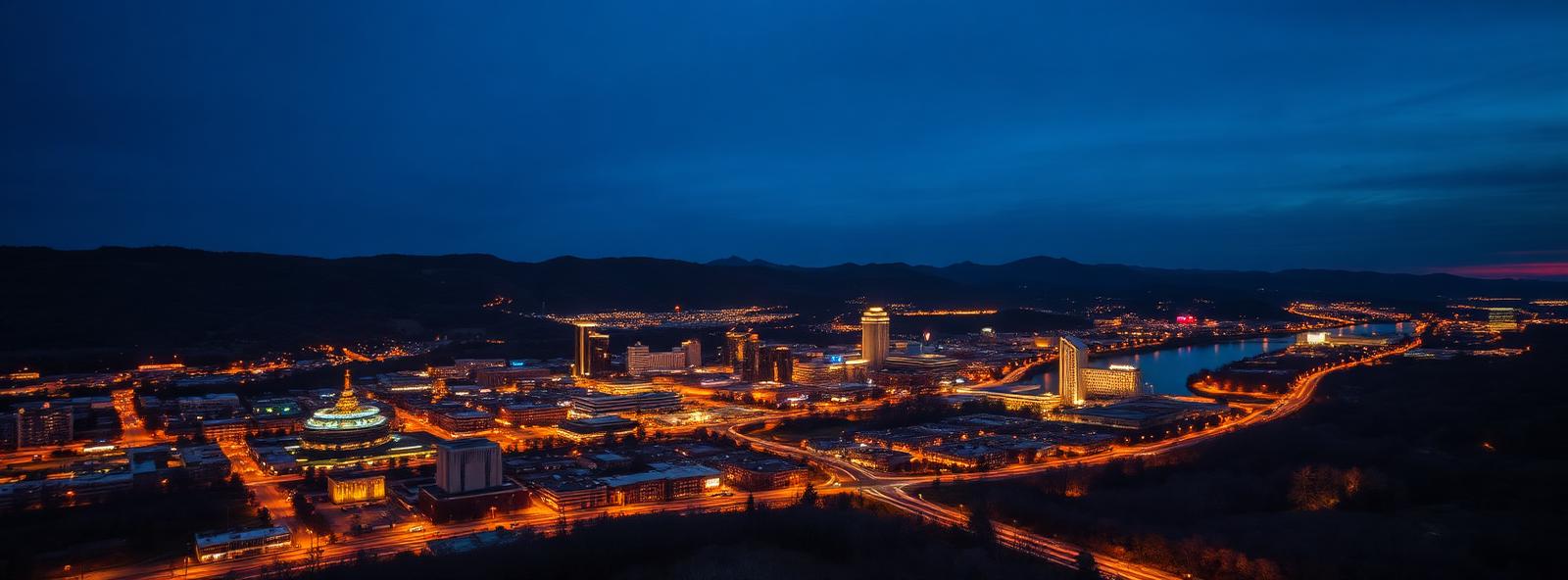 Aerial view of the Knoxville, Tennessee skyline at dusk, illustrating the metro area TactStack serves trade and service businesses in