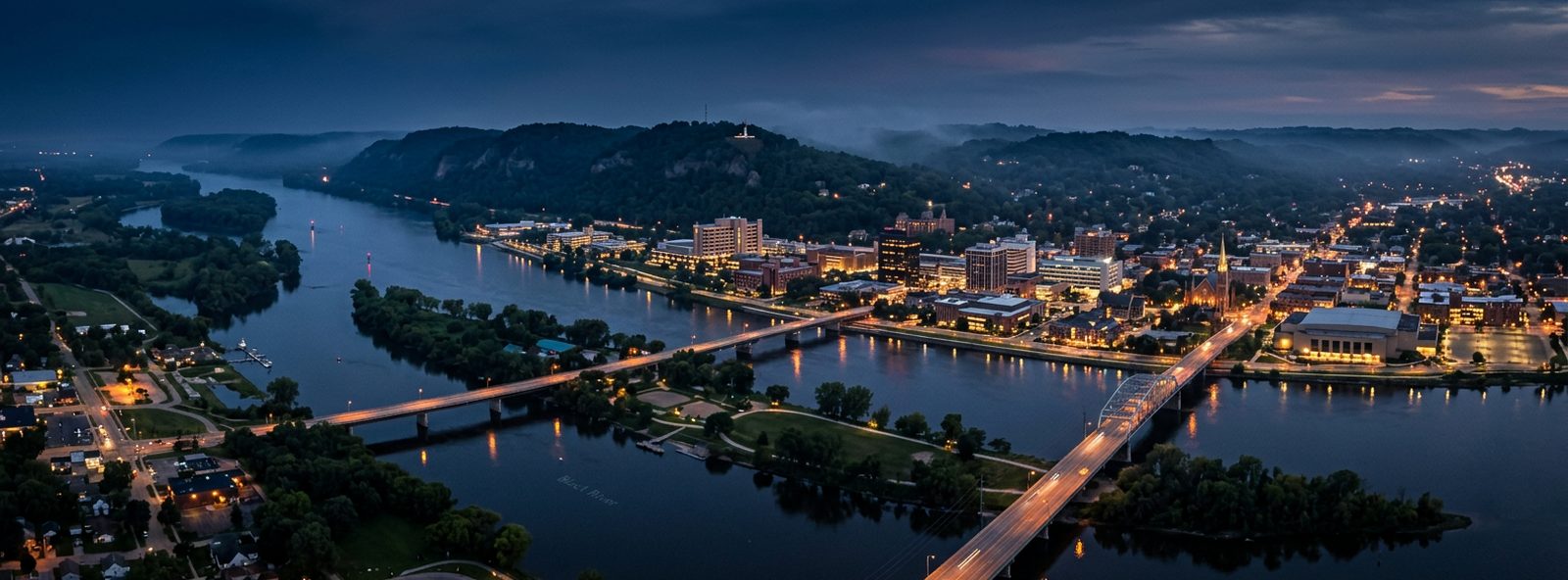 Aerial view of the La Crosse, Wisconsin skyline at dusk, illustrating the metro area TactStack serves trade and service businesses in