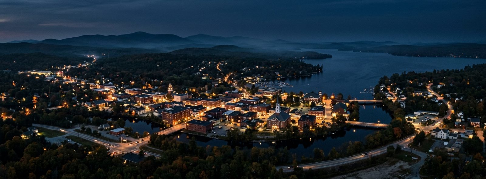 Aerial view of the Laconia, New Hampshire skyline at dusk, illustrating the metro area TactStack serves trade and service businesses in