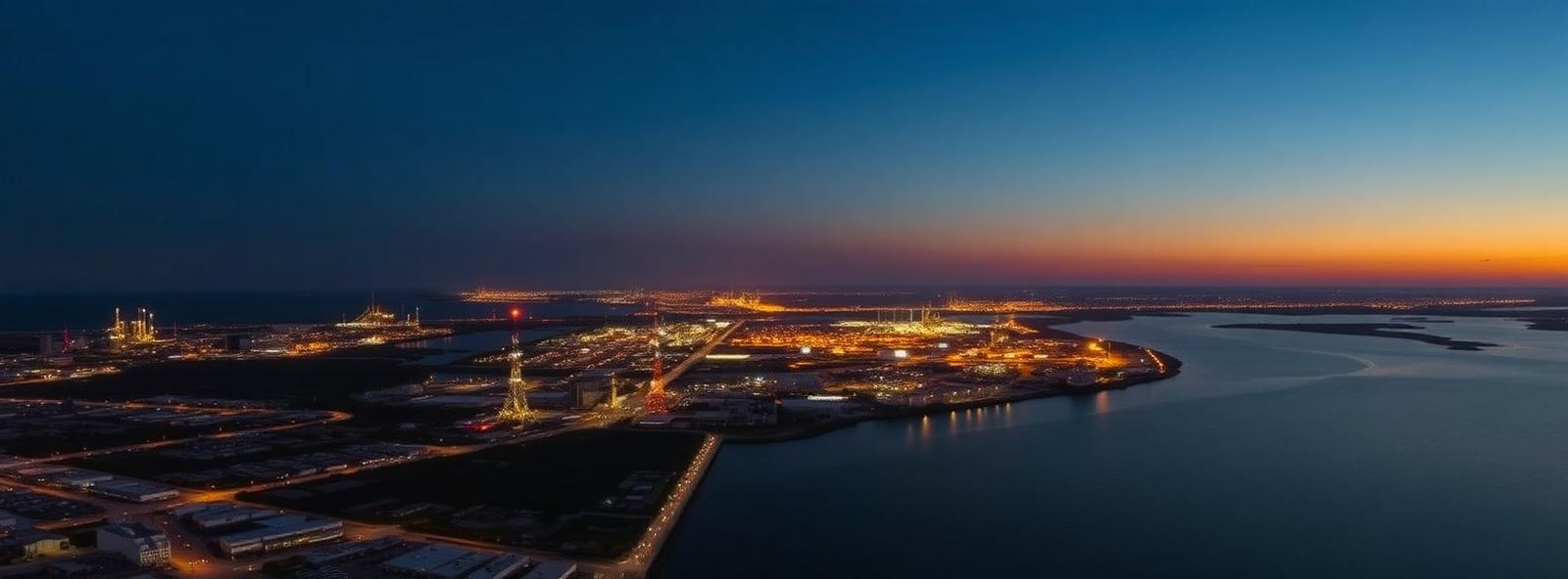 Aerial view of the Lake Charles, Louisiana skyline at dusk, illustrating the metro area TactStack serves trade and service businesses in