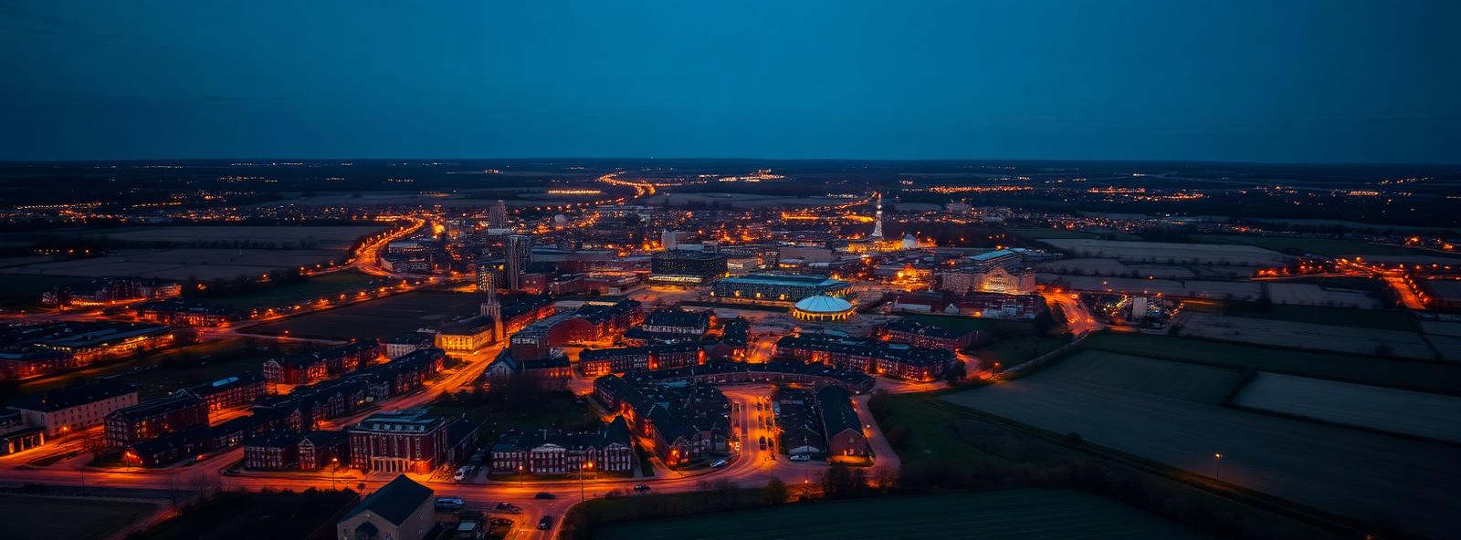 Aerial view of the Lancaster, Pennsylvania skyline at dusk, illustrating the metro area TactStack serves trade and service businesses in