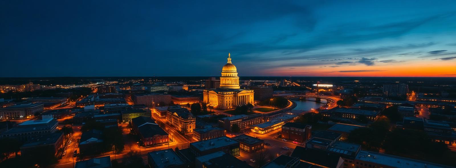 Aerial view of the Lansing, Michigan skyline at dusk, illustrating the metro area TactStack serves trade and service businesses in