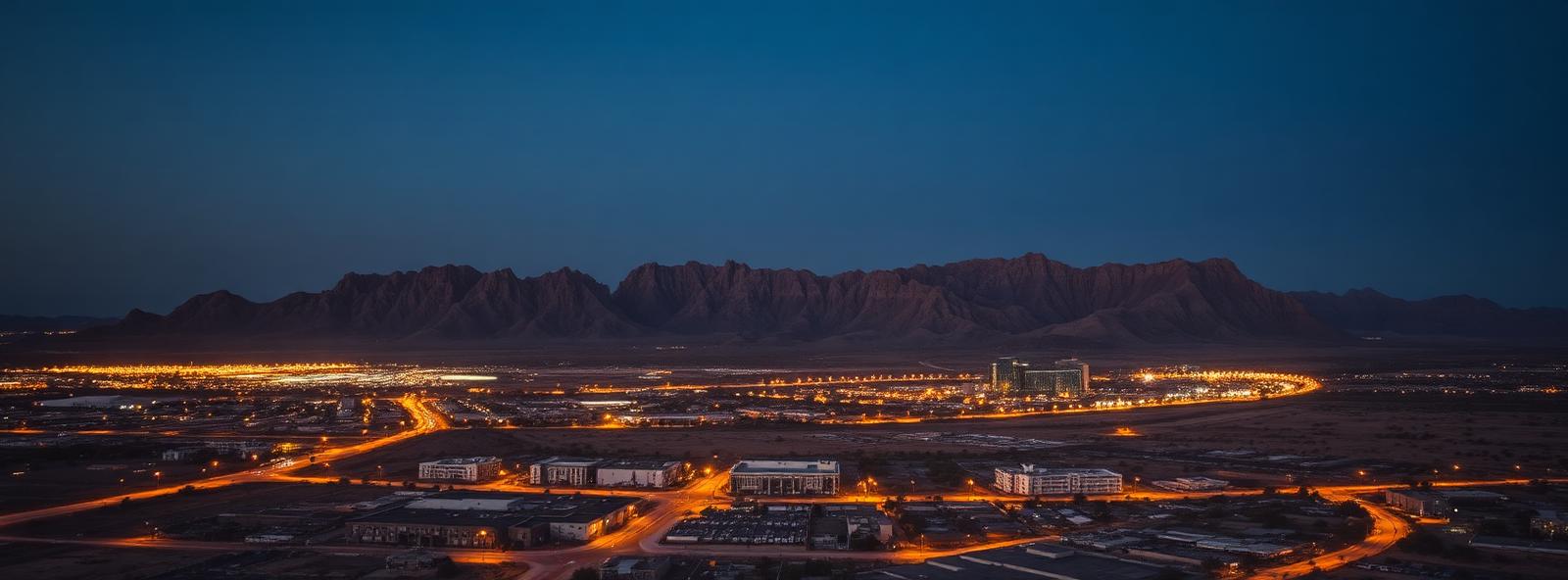 Aerial view of the Las Cruces, New Mexico skyline at dusk, illustrating the metro area TactStack serves trade and service businesses in