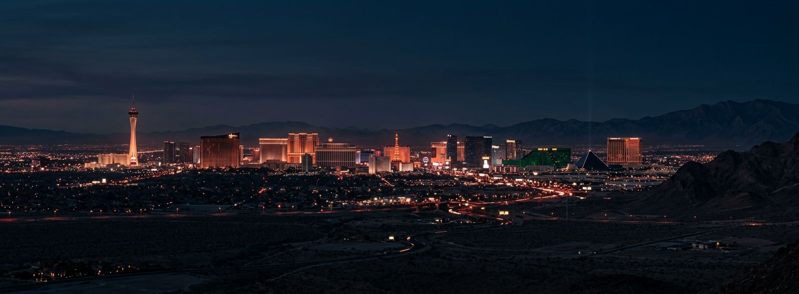 Aerial view of the Las Vegas, Nevada skyline at dusk, illustrating the metro area TactStack serves trade and service businesses in