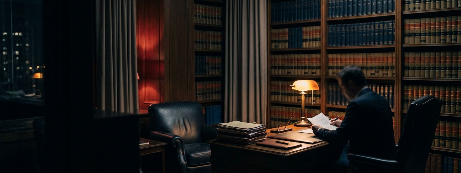 A law office at night with bound volumes and a single desk lamp lit