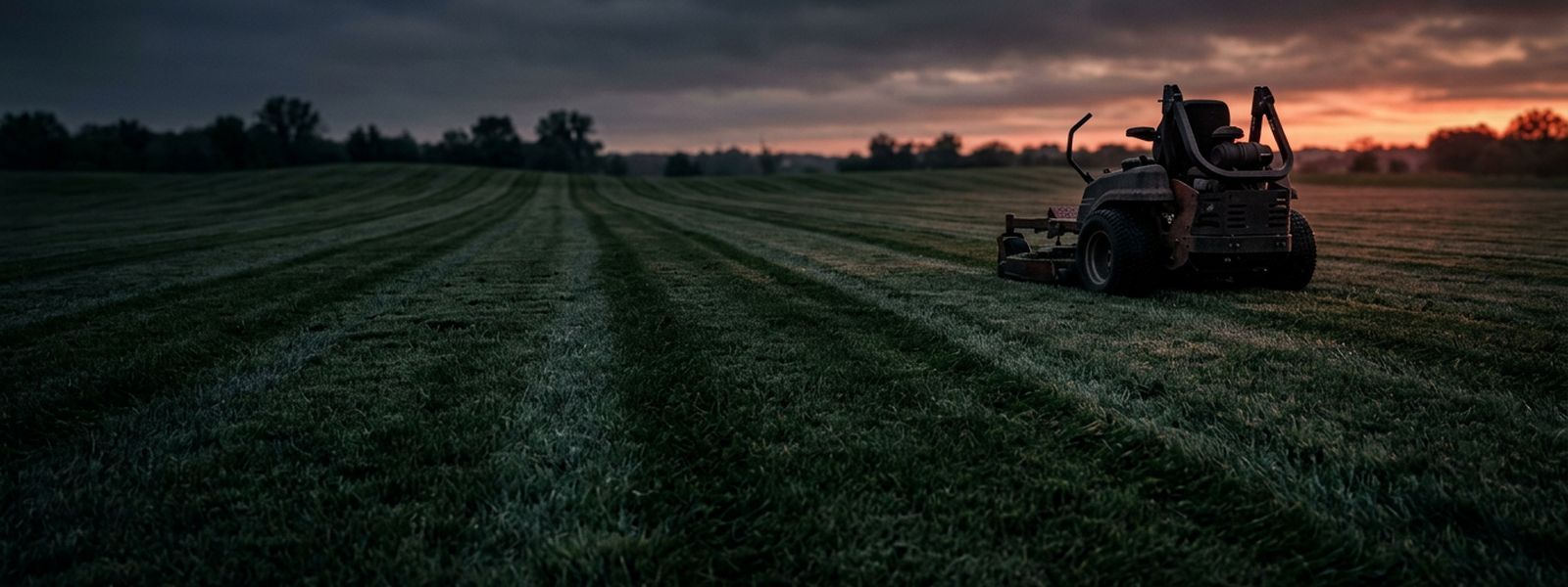 A commercial zero-turn beside a freshly striped lawn at sunrise