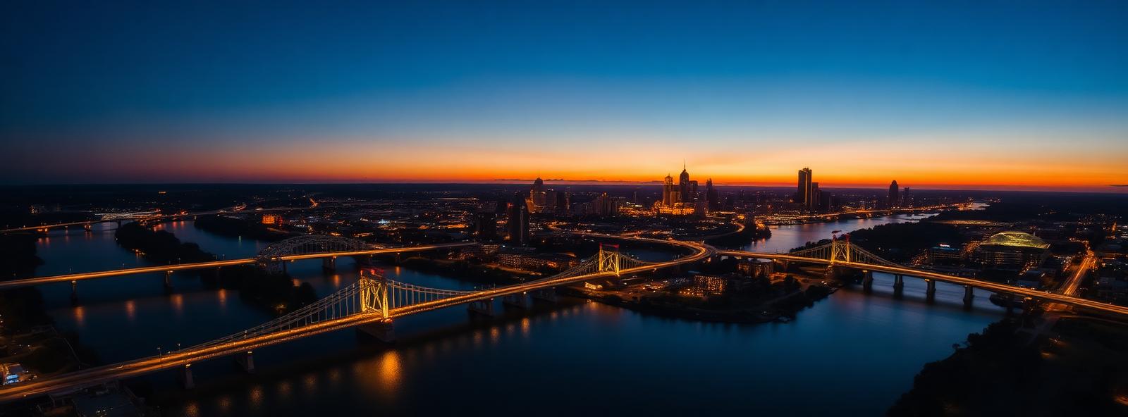 Aerial view of the Little Rock, Arkansas skyline at dusk, illustrating the metro area TactStack serves trade and service businesses in