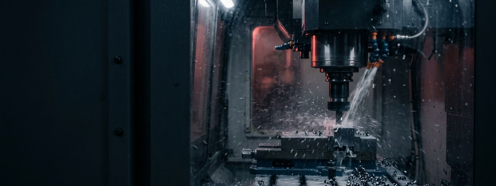 A CNC mill cutting steel behind the glass with coolant spraying across the tool path