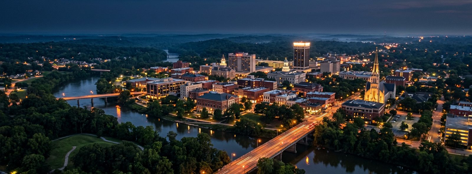 Aerial view of the Macon, Georgia skyline at dusk, illustrating the metro area TactStack serves trade and service businesses in