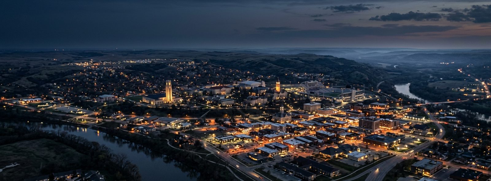 Aerial view of the Manhattan, Kansas skyline at dusk, illustrating the metro area TactStack serves trade and service businesses in