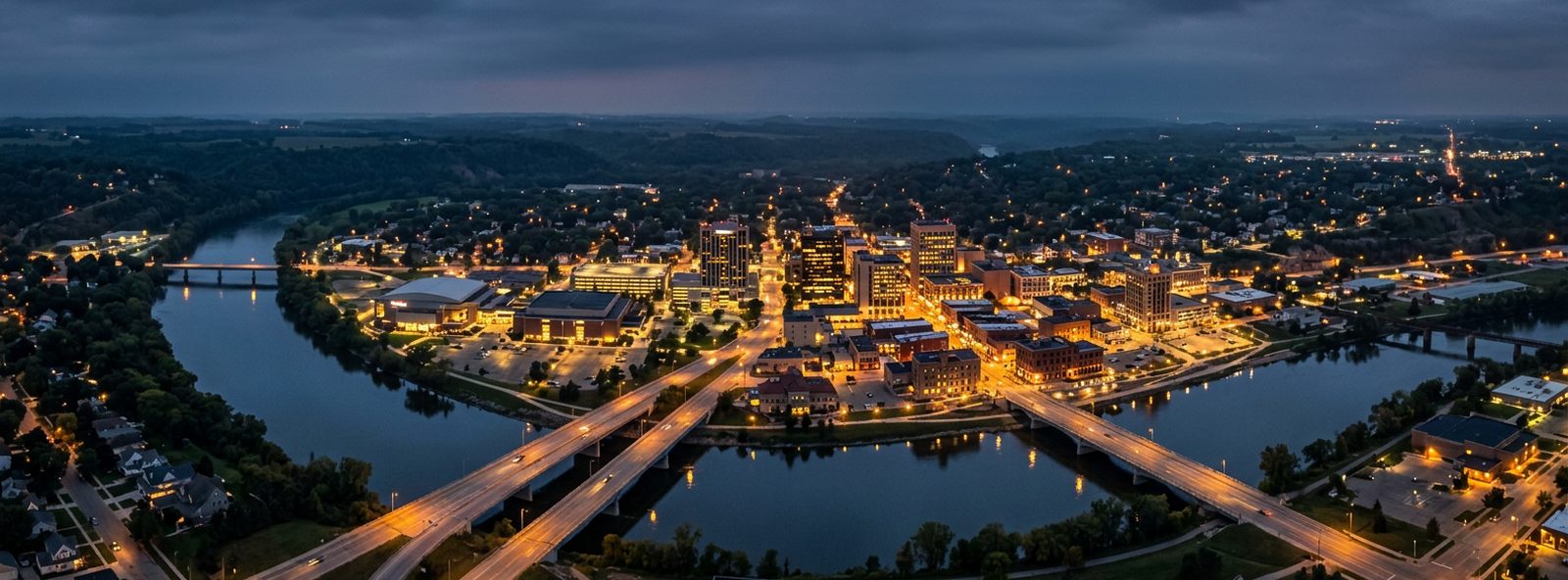 Aerial view of the Mankato, Minnesota skyline at dusk, illustrating the metro area TactStack serves trade and service businesses in