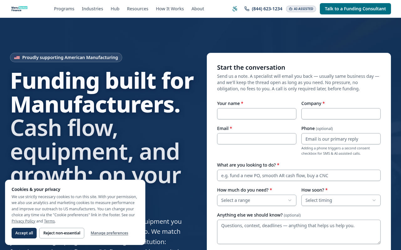 Manufactor Finance homepage with a funding application and program navigation