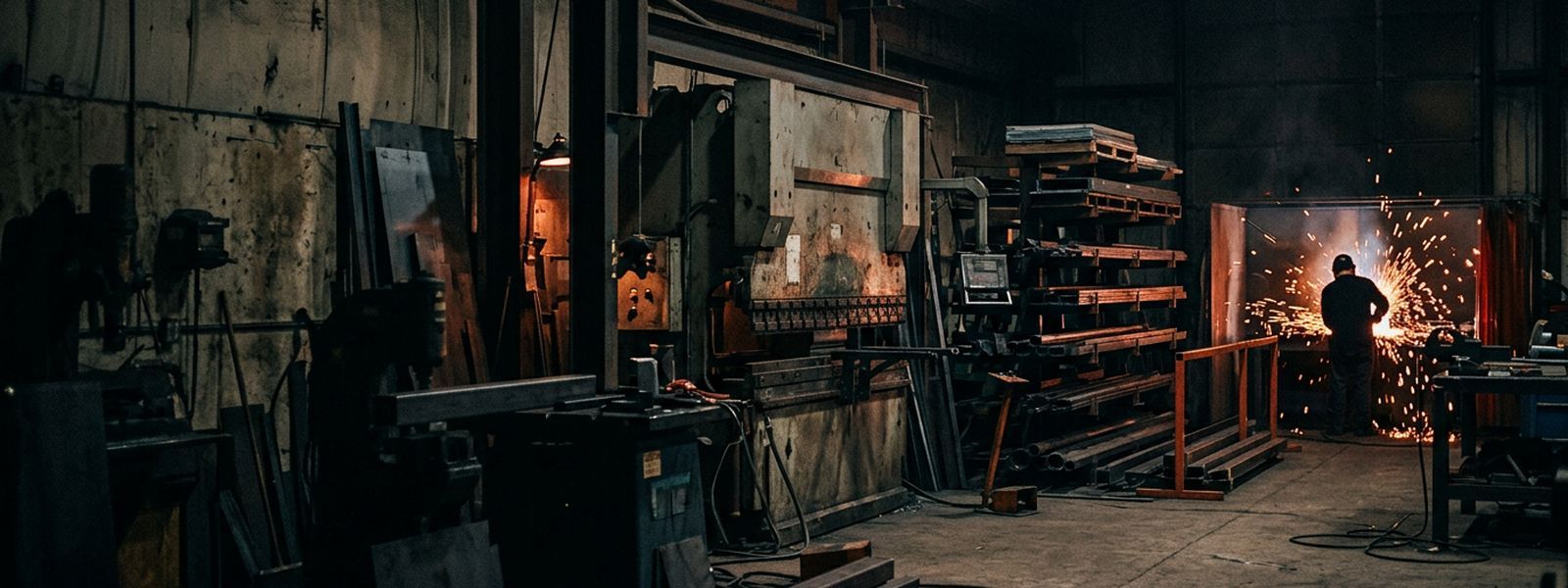 A fabrication shop floor at shift change, steel stock racked along the wall and a welding bay glowing at the far end