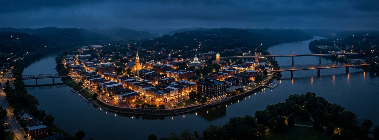 Aerial view of the Marietta, Ohio skyline at dusk, illustrating the metro area TactStack serves trade and service businesses in
