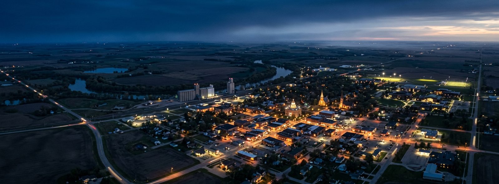 Aerial view of the Marshall, Minnesota skyline at dusk, illustrating the metro area TactStack serves trade and service businesses in