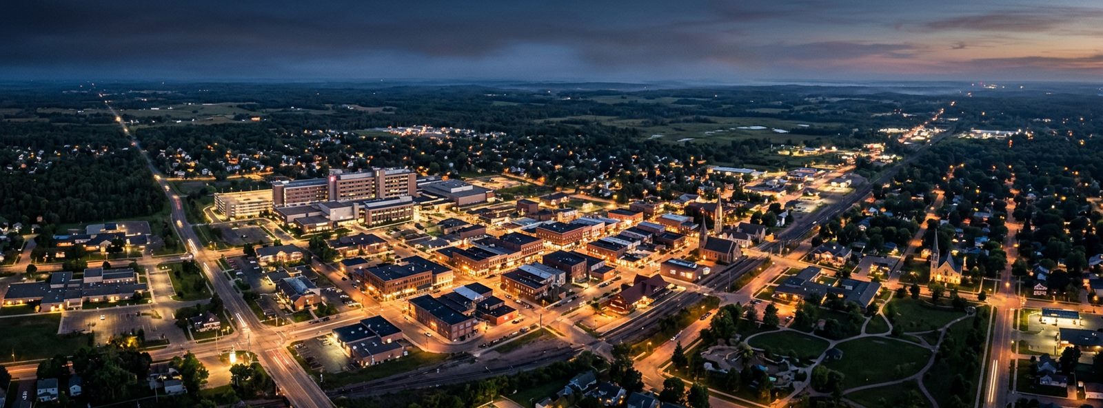 Aerial view of the Marshfield, Wisconsin skyline at dusk, illustrating the metro area TactStack serves trade and service businesses in