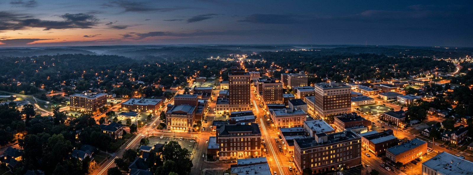 Aerial view of the Meridian, Mississippi skyline at dusk, illustrating the metro area TactStack serves trade and service businesses in