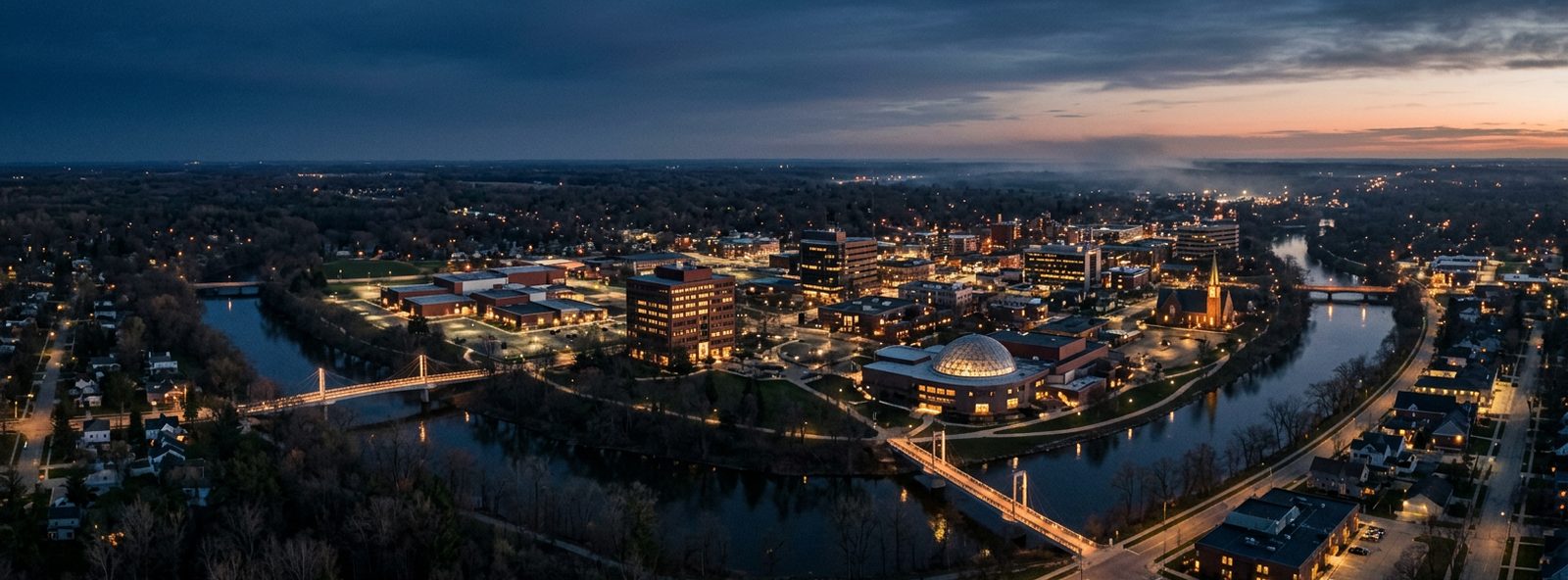 Aerial view of the Midland, Michigan skyline at dusk, illustrating the metro area TactStack serves trade and service businesses in