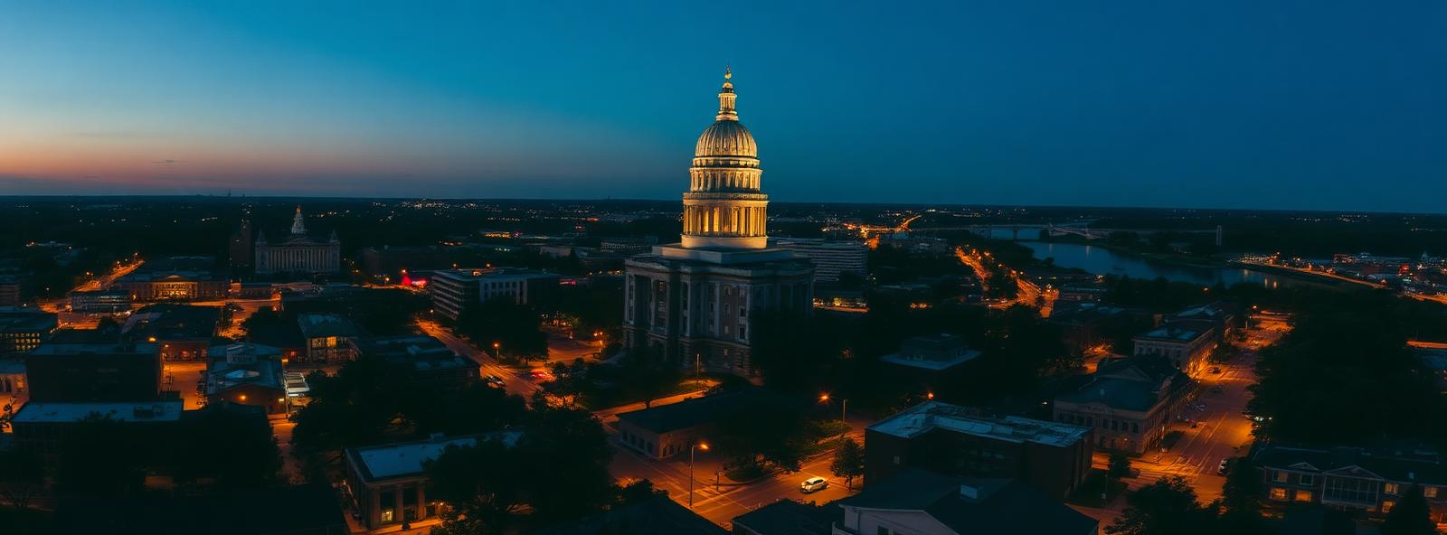 Aerial view of the Montgomery, Alabama skyline at dusk, illustrating the metro area TactStack serves trade and service businesses in