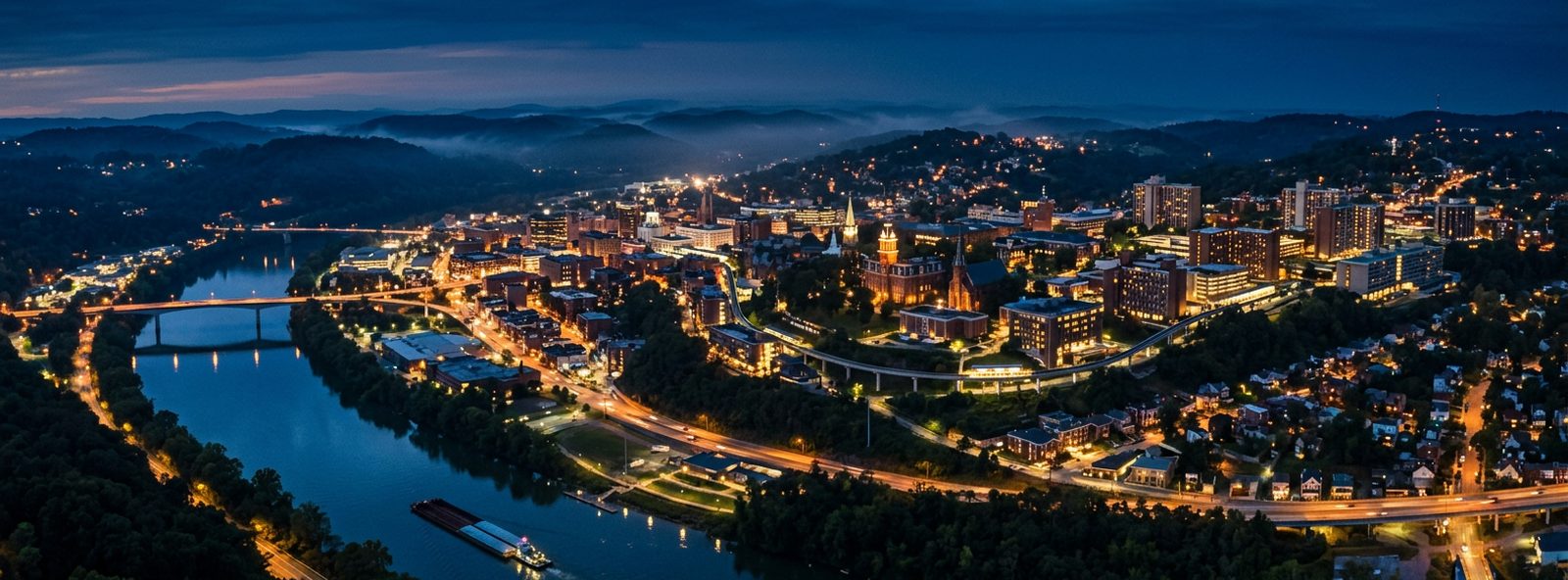 Aerial view of the Morgantown, West Virginia skyline at dusk, illustrating the metro area TactStack serves trade and service businesses in
