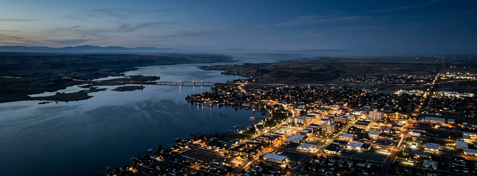 Aerial view of the Moses Lake, Washington skyline at dusk, illustrating the metro area TactStack serves trade and service businesses in