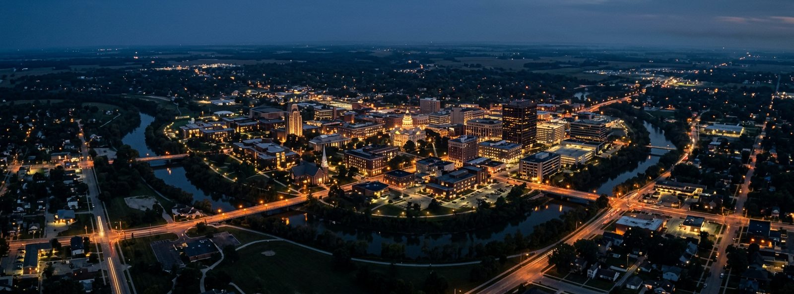 Aerial view of the Muncie, Indiana skyline at dusk, illustrating the metro area TactStack serves trade and service businesses in