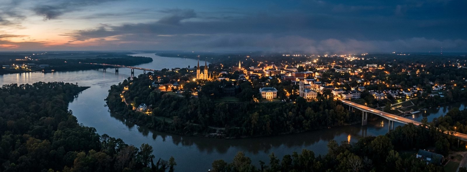 Aerial view of the Natchez, Mississippi skyline at dusk, illustrating the metro area TactStack serves trade and service businesses in