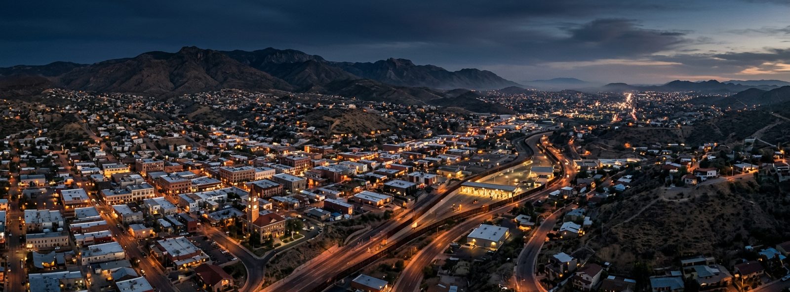 Aerial view of the Nogales, Arizona skyline at dusk, illustrating the metro area TactStack serves trade and service businesses in