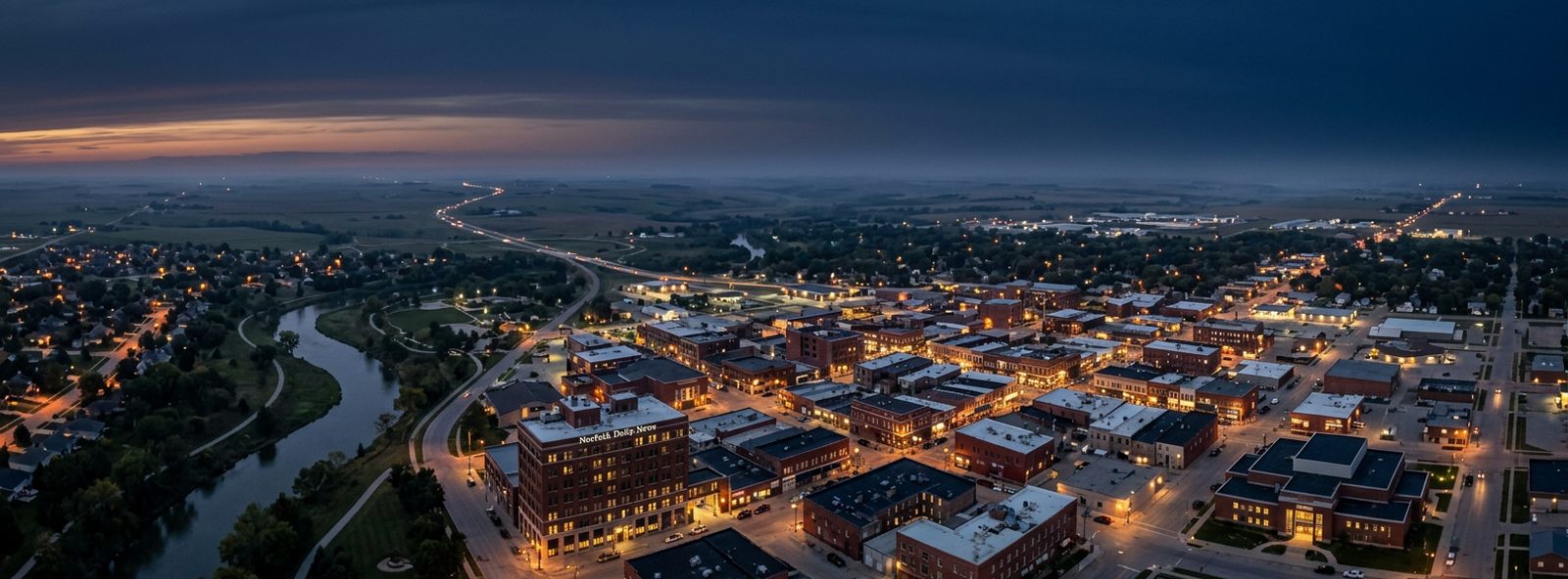 Aerial view of the Norfolk, Nebraska skyline at dusk, illustrating the metro area TactStack serves trade and service businesses in