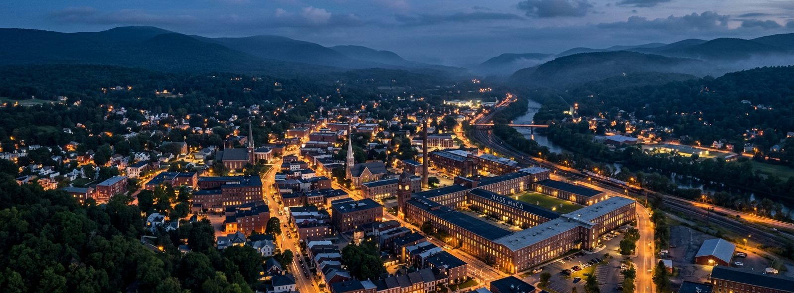 Aerial view of the North Adams, Massachusetts skyline at dusk, illustrating the metro area TactStack serves trade and service businesses in