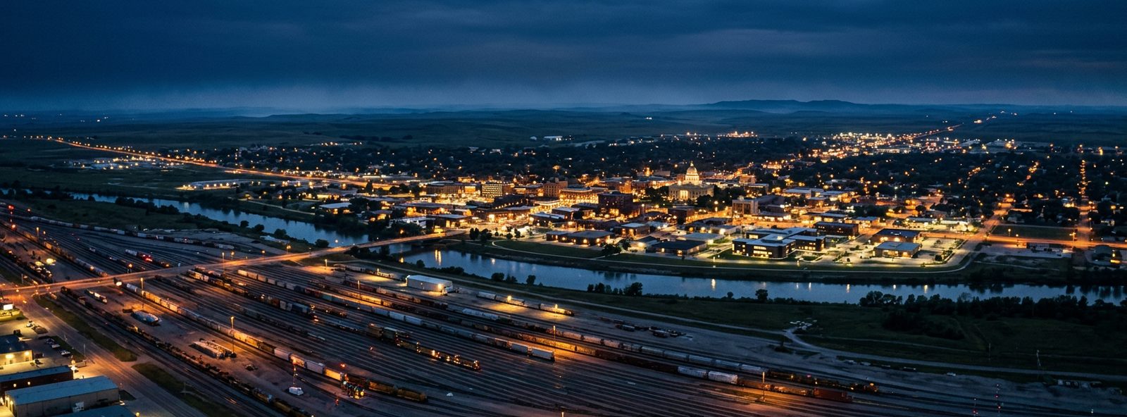 Aerial view of the North Platte, Nebraska skyline at dusk, illustrating the metro area TactStack serves trade and service businesses in