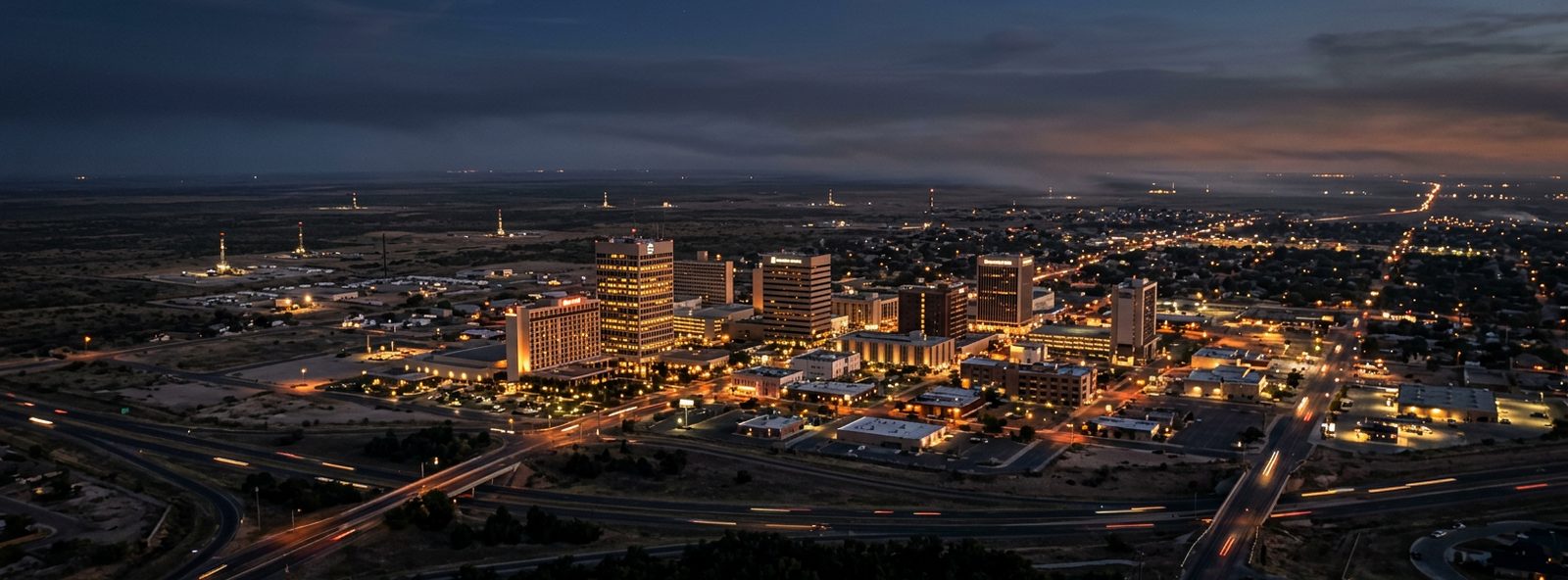 Aerial view of the Odessa, Texas skyline at dusk, illustrating the metro area TactStack serves trade and service businesses in