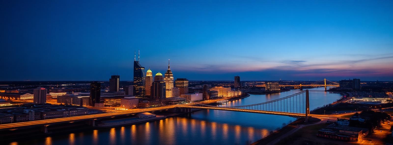 Aerial view of the Omaha, Nebraska skyline at dusk, illustrating the metro area TactStack serves trade and service businesses in