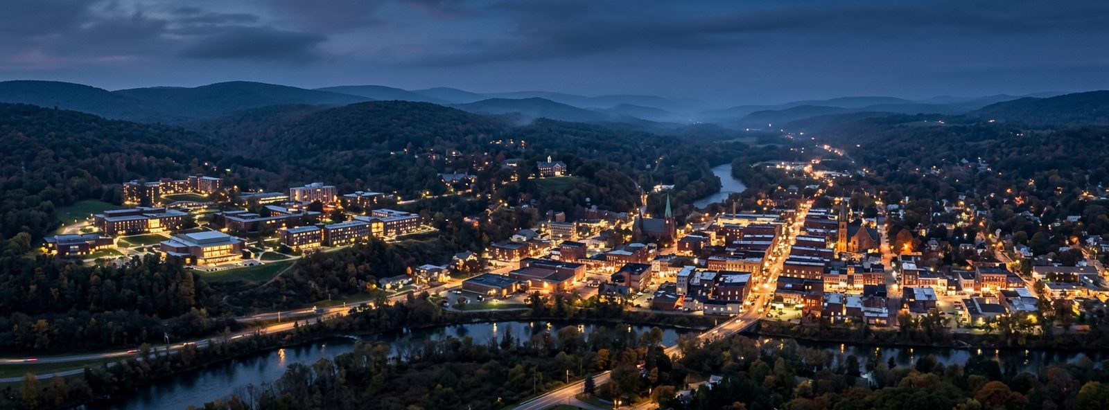 Aerial view of the Oneonta, New York skyline at dusk, illustrating the metro area TactStack serves trade and service businesses in