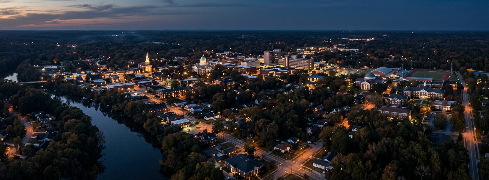 Aerial view of the Orangeburg, South Carolina skyline at dusk, illustrating the metro area TactStack serves trade and service businesses in