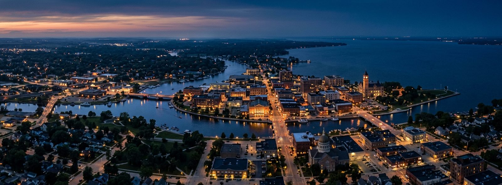 Aerial view of the Oshkosh, Wisconsin skyline at dusk, illustrating the metro area TactStack serves trade and service businesses in