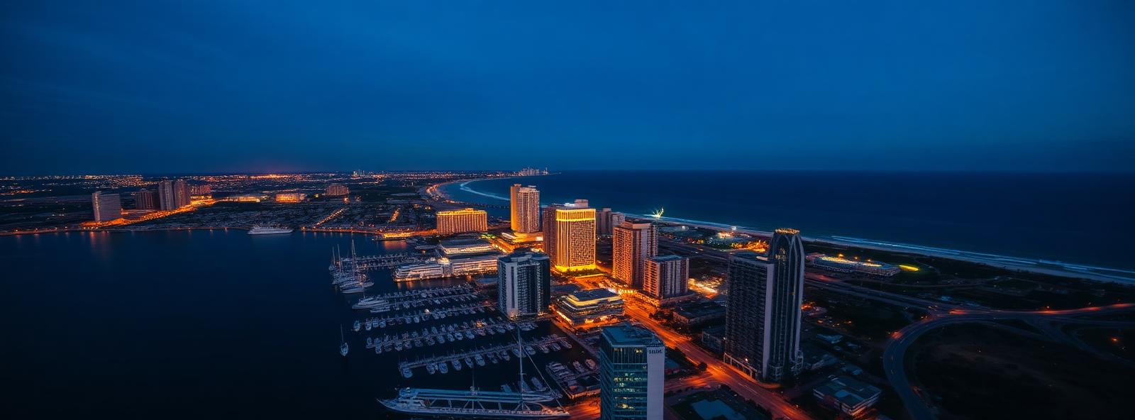 Aerial view of the Panama City, Florida skyline at dusk, illustrating the metro area TactStack serves trade and service businesses in