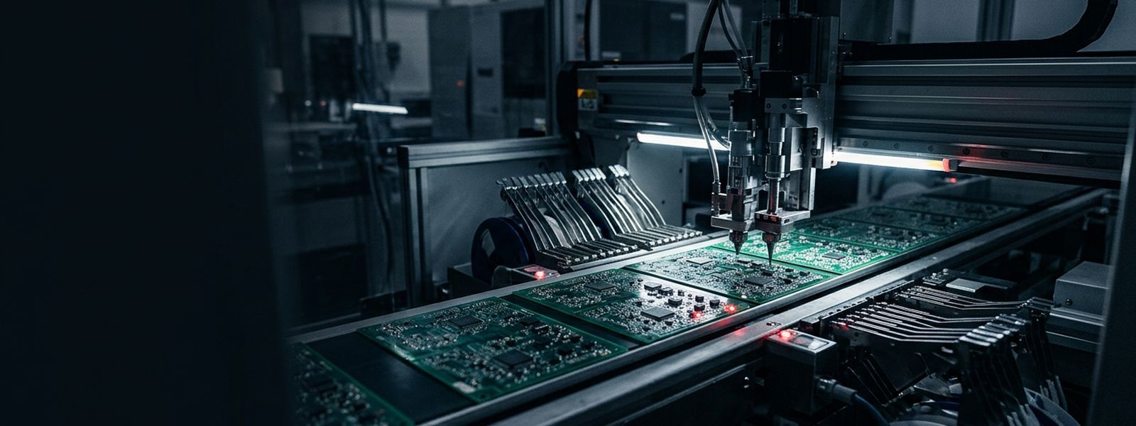 A pick-and-place machine populating circuit boards under inspection lighting