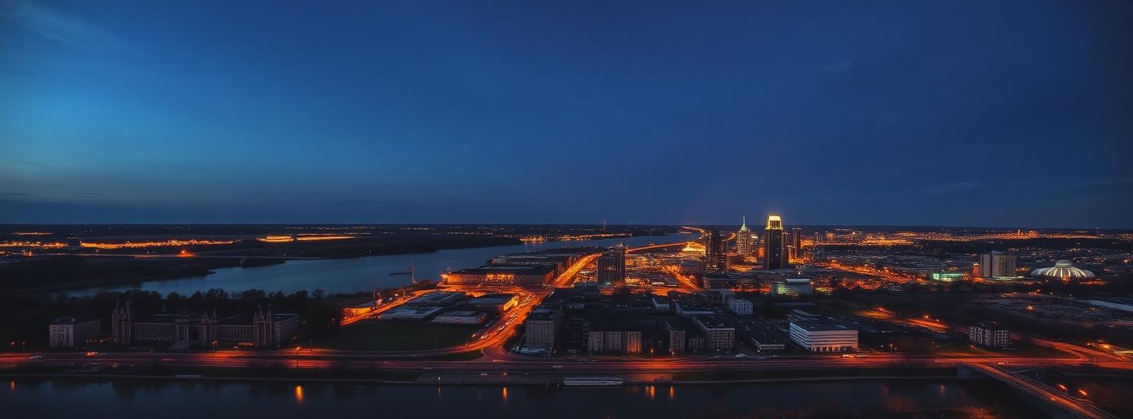 Aerial view of the Peoria, Illinois skyline at dusk, illustrating the metro area TactStack serves trade and service businesses in
