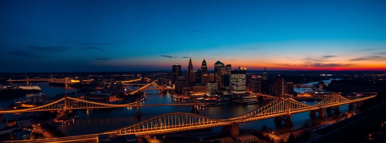 Aerial view of the Pittsburgh, Pennsylvania skyline at dusk, illustrating the metro area TactStack serves trade and service businesses in