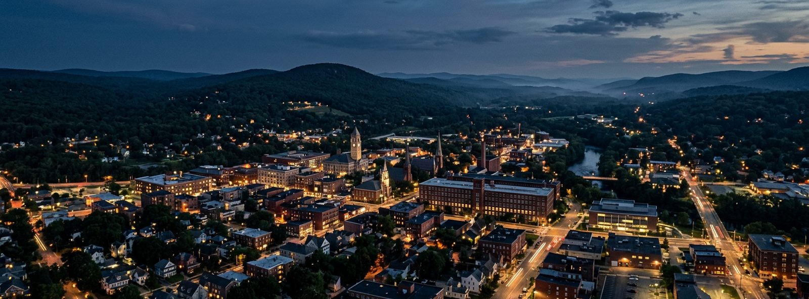 Aerial view of the Pittsfield, Massachusetts skyline at dusk, illustrating the metro area TactStack serves trade and service businesses in