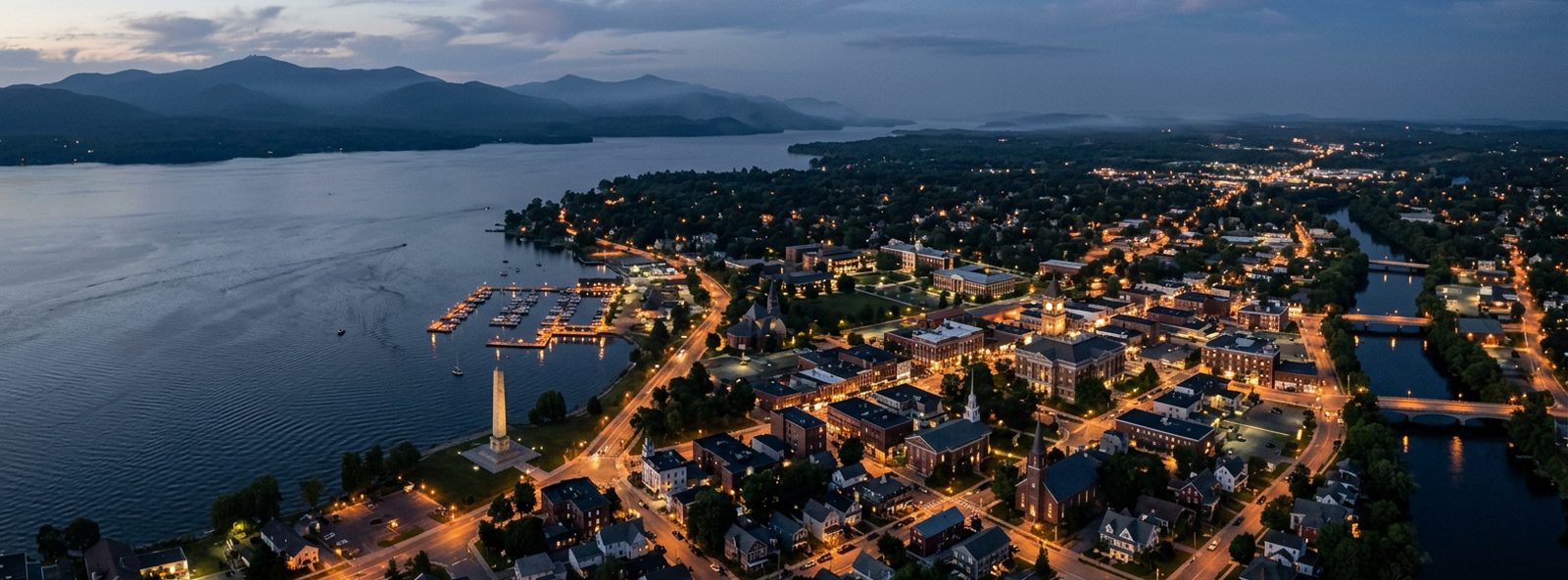 Aerial view of the Plattsburgh, New York skyline at dusk, illustrating the metro area TactStack serves trade and service businesses in