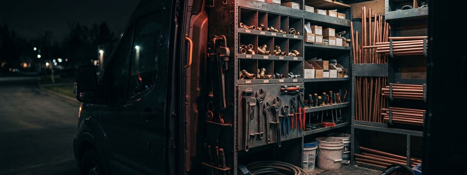 Organized pipe, fittings, and wrenches racked inside a plumbing service van