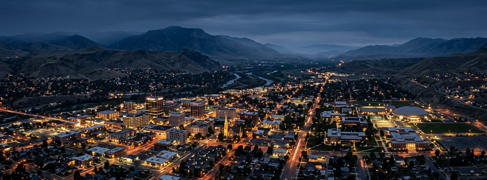 Aerial view of the Pocatello, Idaho skyline at dusk, illustrating the metro area TactStack serves trade and service businesses in