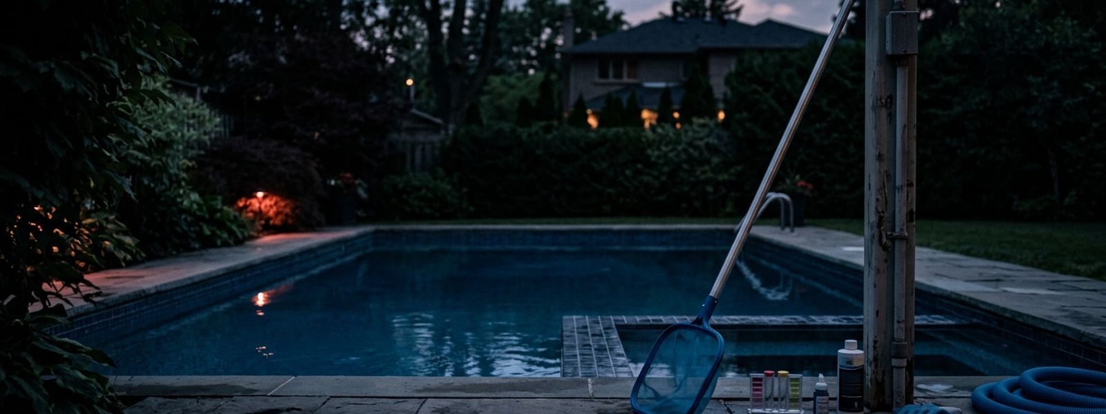 Pool service equipment and a test kit staged at the edge of a backyard pool at dusk