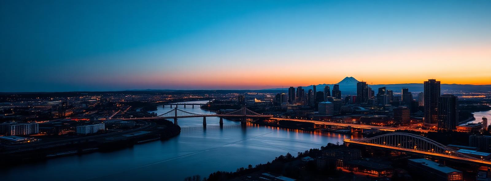 Aerial view of the Portland, Oregon skyline at dusk, illustrating the metro area TactStack serves trade and service businesses in