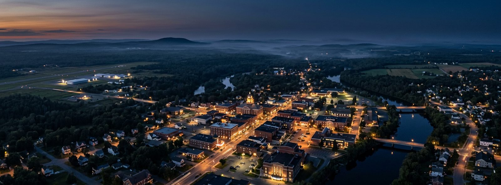 Aerial view of the Presque Isle, Maine skyline at dusk, illustrating the metro area TactStack serves trade and service businesses in