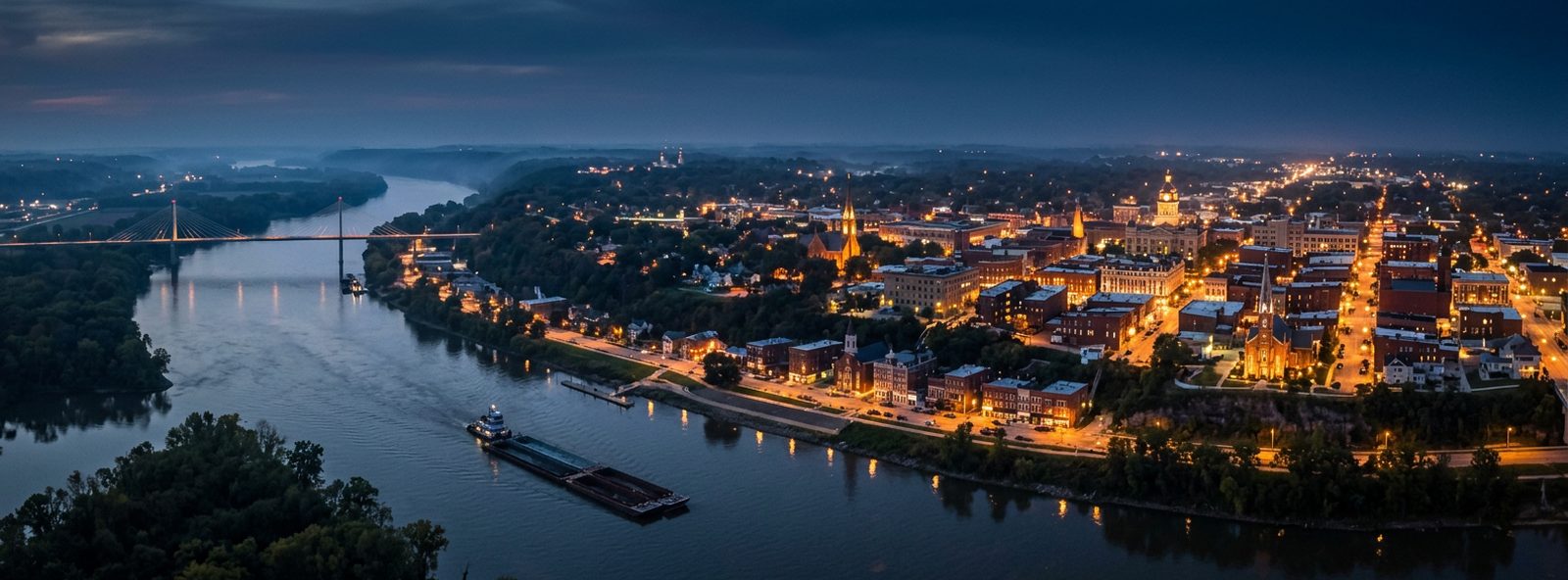 Aerial view of the Quincy, Illinois skyline at dusk, illustrating the metro area TactStack serves trade and service businesses in