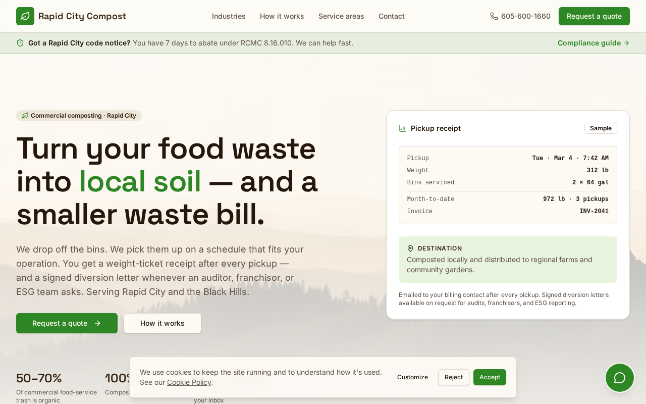 Rapid City Compost homepage with a pickup receipt sample and quote request