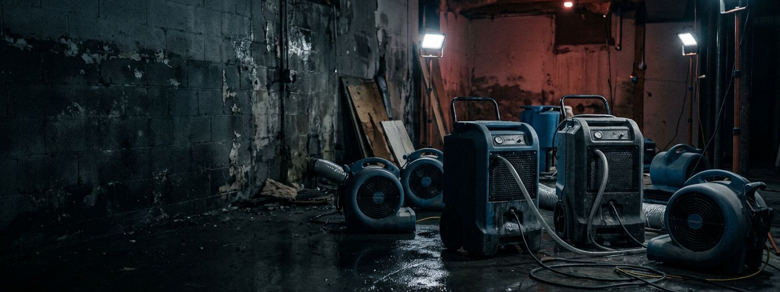 Air movers and dehumidifiers running in a water-damaged interior under portable work lights
